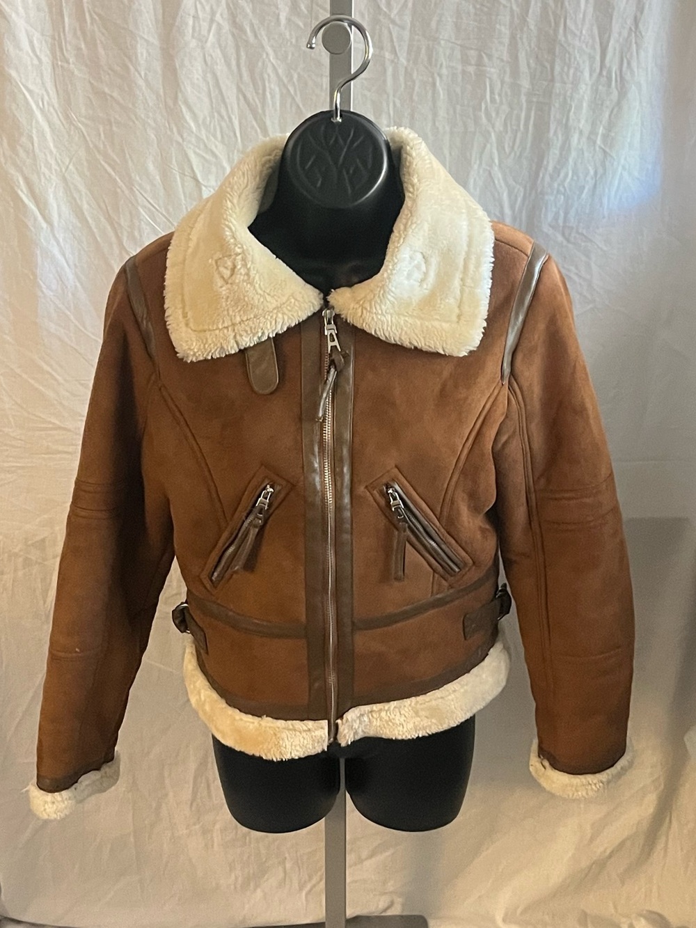 Love Tree Brown Suede Shearling Jacket with Cream Collar